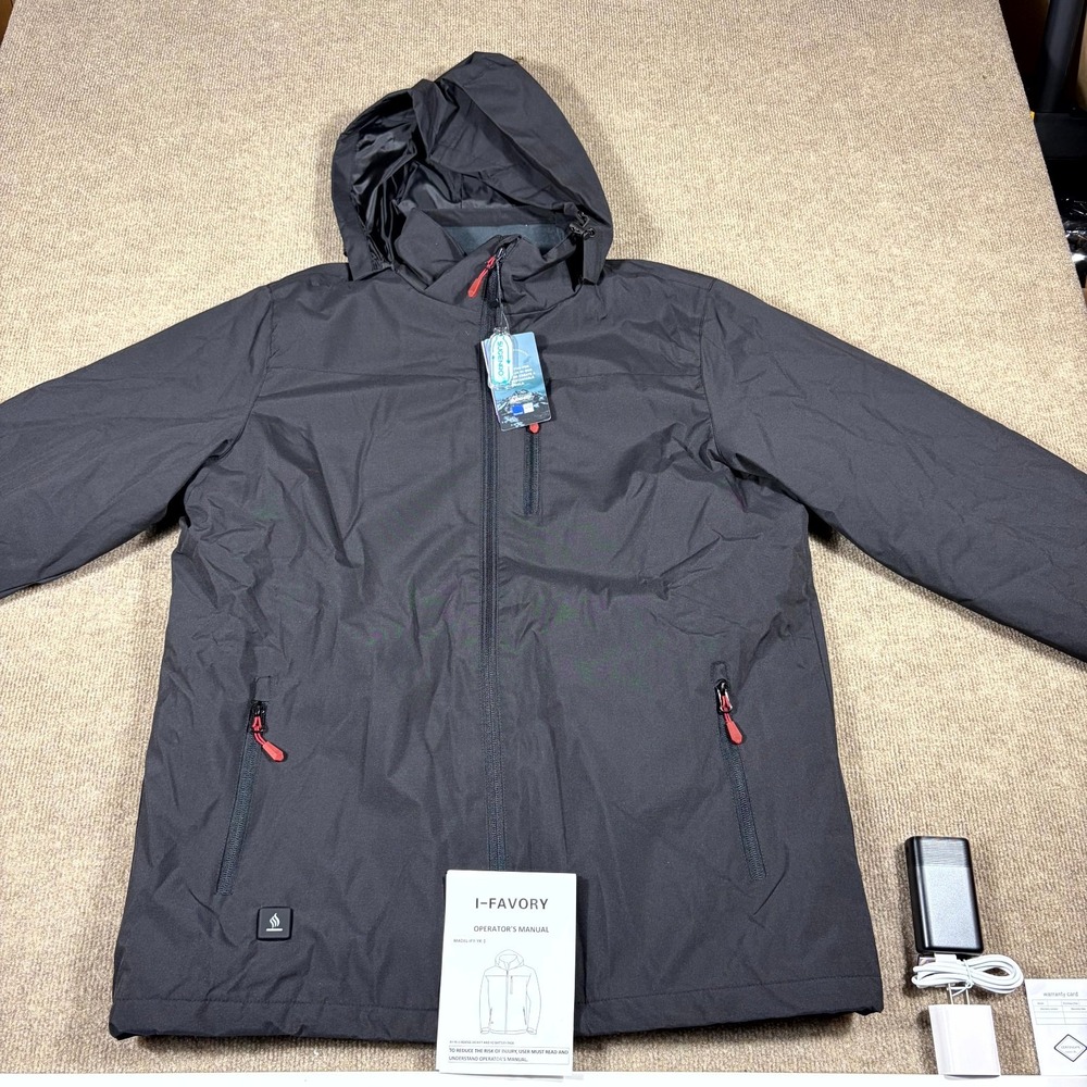 I-Favory Heated Jacket Mens Medium Black Accompanying Battery Pack Hooded Zip Up